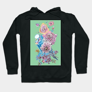 Blue Budgie and Rose Watercolor Painting on Green Hoodie